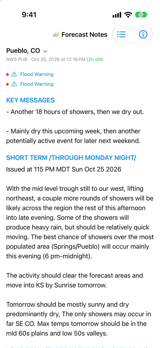 Flood Warnings shown above a discussion for Pueblo, Colorado