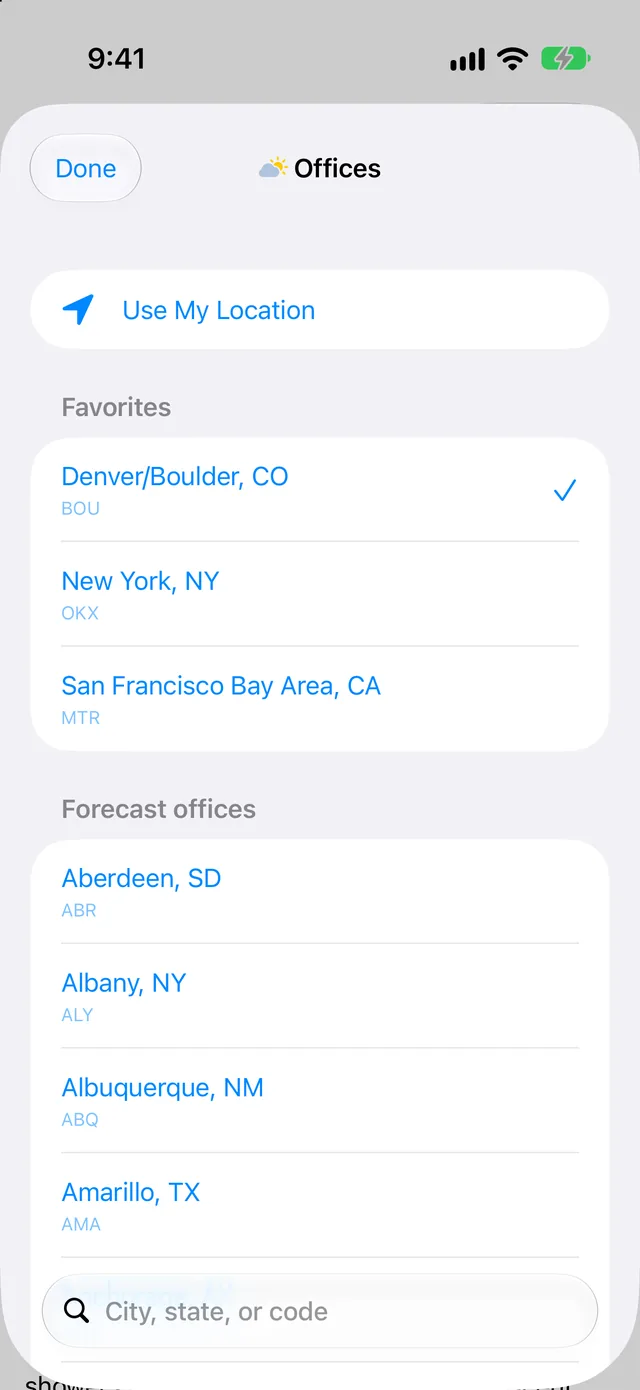 The list of NWS offices with favorites at the top